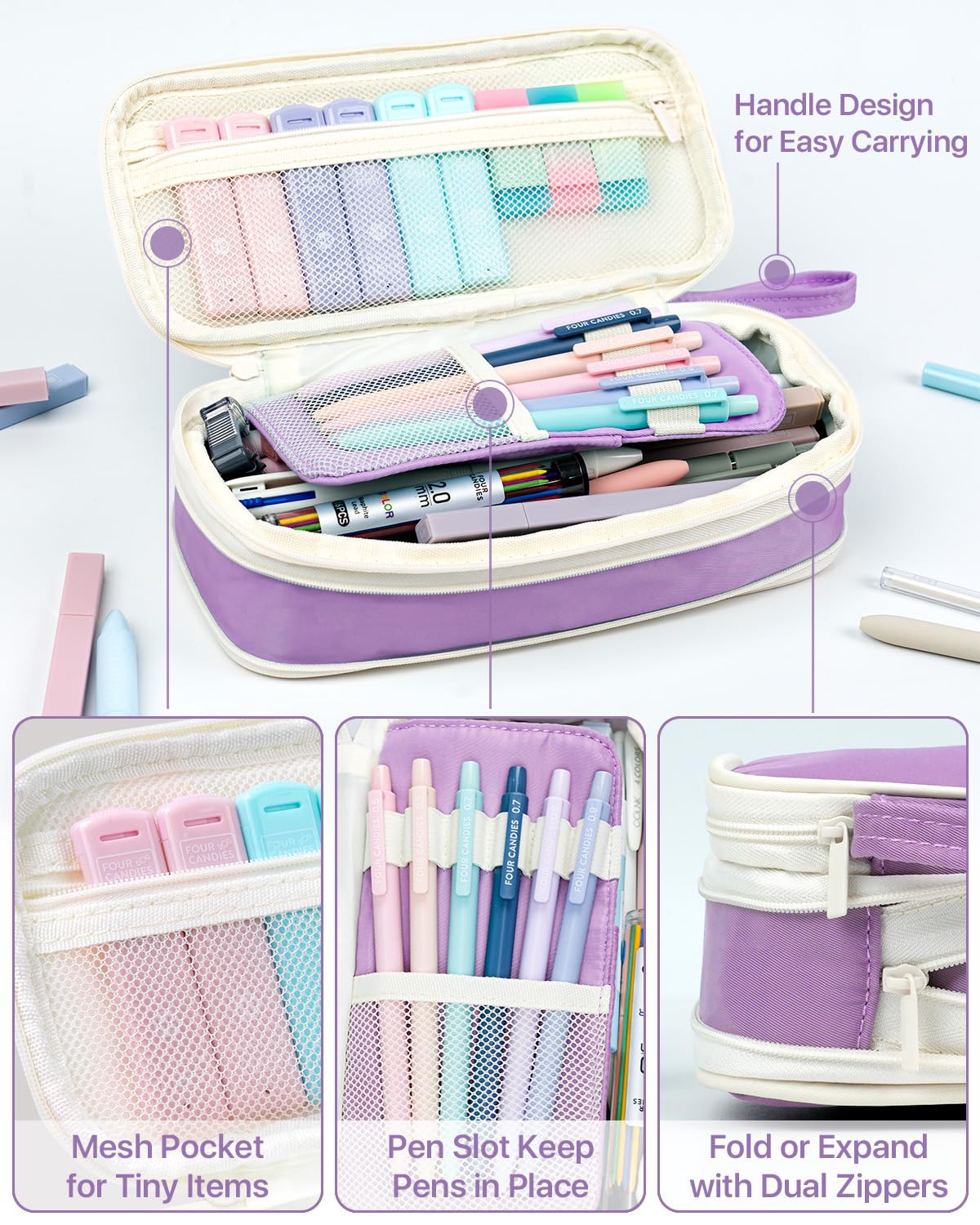 Four Candies 56 PCS Stationery Set, Cute Storage Case with Supplies, 6 Multicolor Pens, 12 Pastel Highlighters, 5 Gel Pens Black Ink, 9 Mechanical Pencils for College Essentials Stuff (Purple)