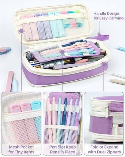 Four Candies 56 PCS Stationery Set, Cute Storage Case with Supplies, 6 Multicolor Pens, 12 Pastel Highlighters, 5 Gel Pens Black Ink, 9 Mechanical Pencils for College Essentials Stuff (Purple)