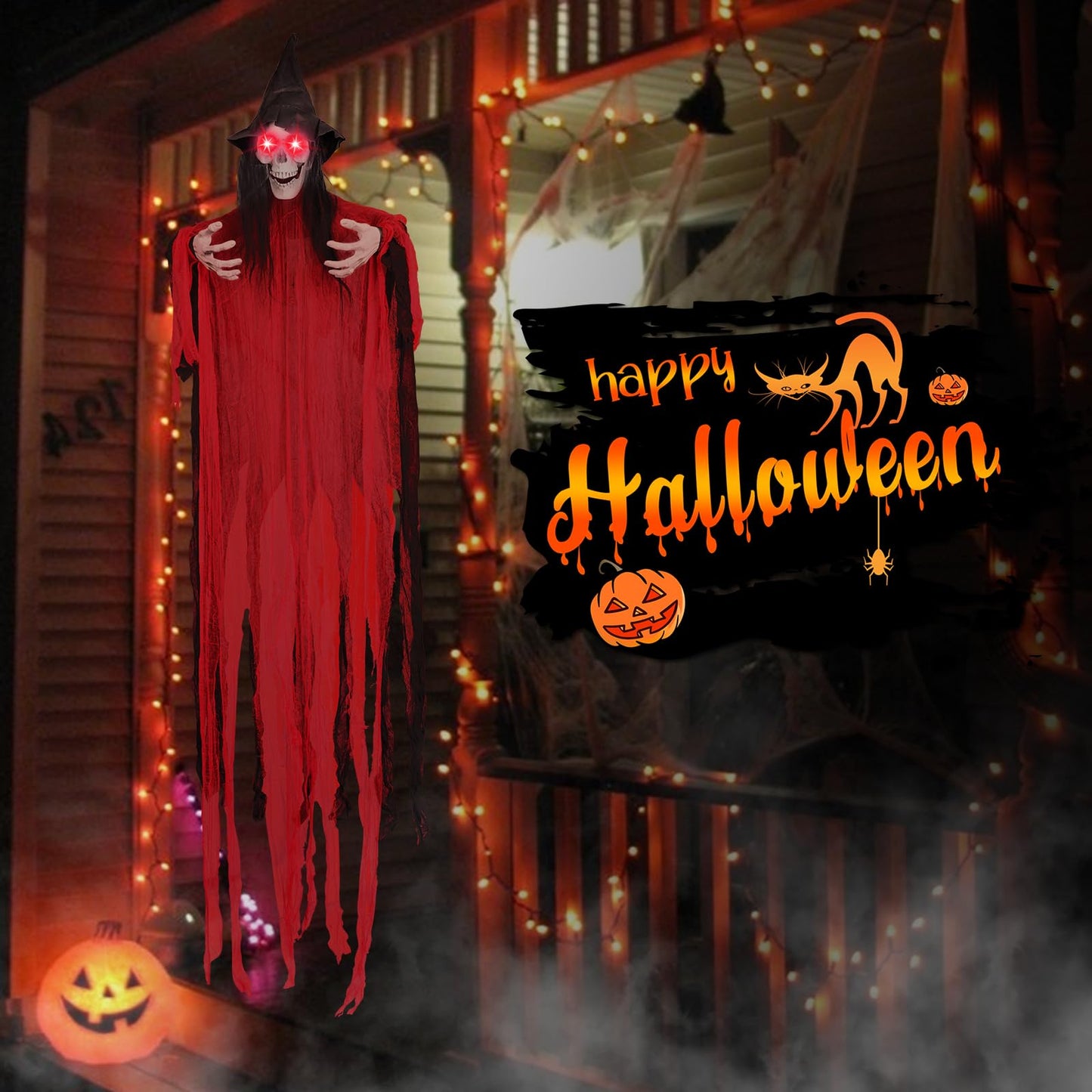 74.8" Halloween Decorations Outdoor - Moving Life-Size Skeleton Witch with Glowing Eyes, Sound-Actived Halloween Party Decoration with Creepy Sound (RED)
