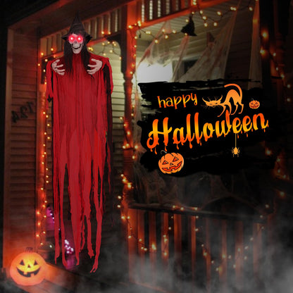 74.8" Halloween Decorations Outdoor - Moving Life-Size Skeleton Witch with Glowing Eyes, Sound-Actived Halloween Party Decoration with Creepy Sound (RED)