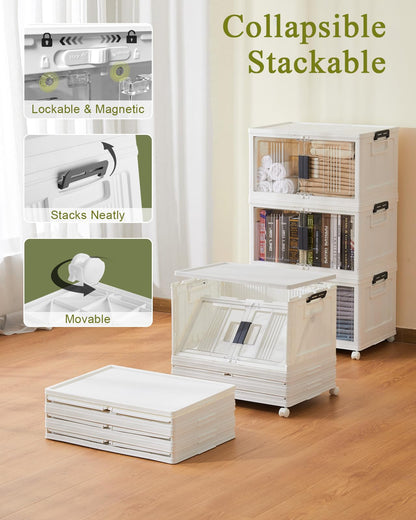 OlarHike 144QT Lockable Storage Bins with Lids - Folding Storage Cabinet with Doors & Wheels, Collapsible Plastic Box for Dorm, Closets, Office, School, Stackable Organizer & Containers, Gifts, 3 Pack