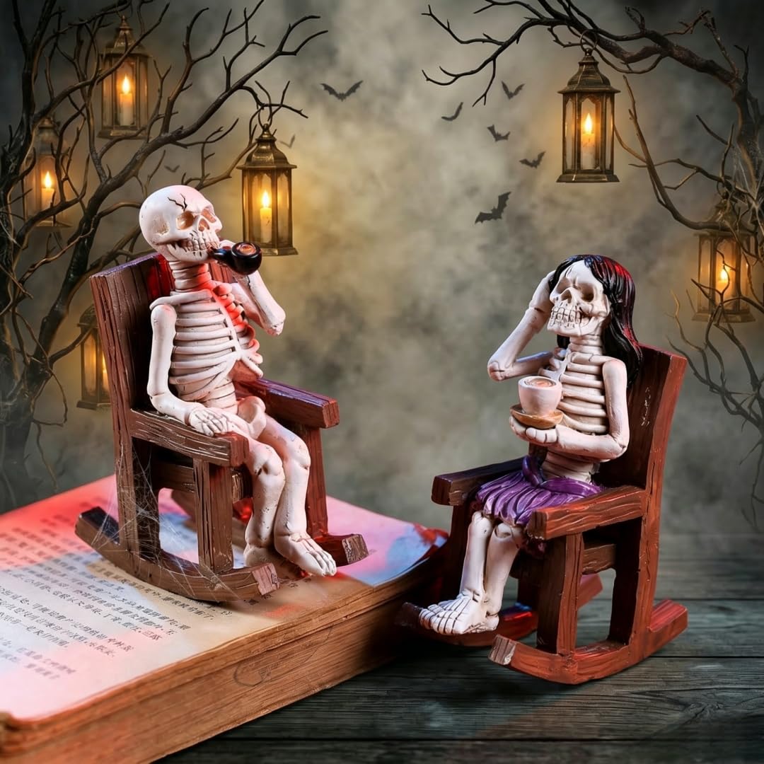 A Pair of Couple Skeletons Enjoying Leisure Time on Rocking Chairs, Perfect for Romantic Afternoon Tea Decor, Suitable for Garden, Terrace, and Other Tabletop Ornaments for Halloween Decorations
