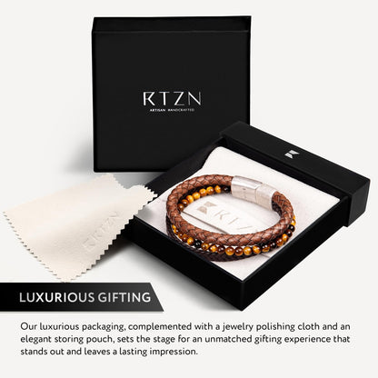 RTZN® Multi Strand Bracelet for Men – Premium Artisan Handcrafted Tiger Eye Bead and Brown Braided Leather Bracelet – Authentic Tigers Eye Stone & Brown Leather Mens Bracelet (Medium)