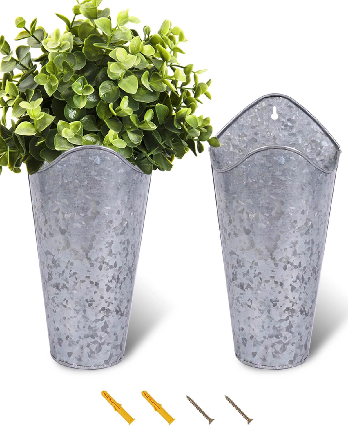 vensovo 12 Inches Galvanized Wall Planters - 2 Packs Metal Tin Vases for Flowers Indoors, Farmhouse Hanging Planter Tall Flower Holder for Country Decor Outdoors, Silver