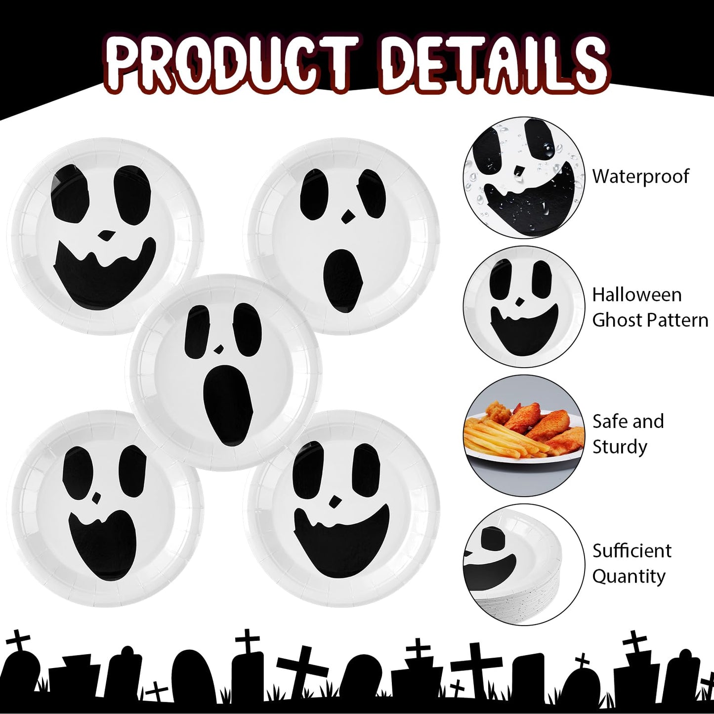 Roshtia 100 Pcs Halloween Paper Plates 7 Inch Round Decorative Ghost Dinner Plates Bulk for Trick or Treat Birthday Party Supplies