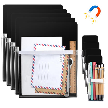 Henoyso 10 Packs Black Magnetic File Holders, Self-adhesive Magnetic File Holder for Recipe, Notes, Tools - Strong Magnet Backing for Fridge, Whiteboards, and Metal Surfaces ( 9.5 x 12 In, 2.4 x 6 In)