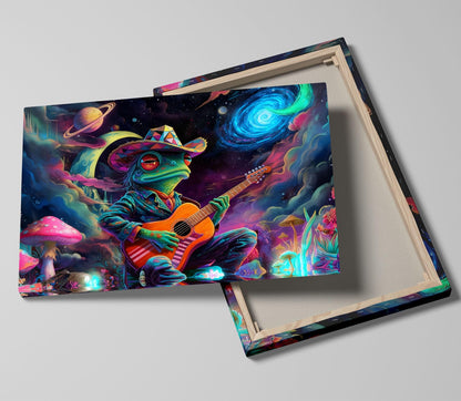 16x24 Psychedelic Space Frog Canvas Wall Art, Colorful Framed Cosmic Mushroom Guitar Player Kids Trippy Room Decor Teen Boys Bedroom Wall Posters Children Home Game Prints Gift Painting