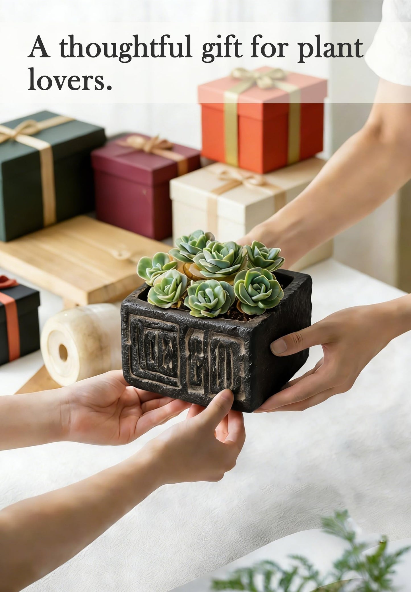 Txjyuyy Small Succulent Pots - Stone Square Plant Pot for Indoor Plants - Rustic Decorative Mini Planter for Desk, Cactus, Bonsai and Farmhouse Home Decor