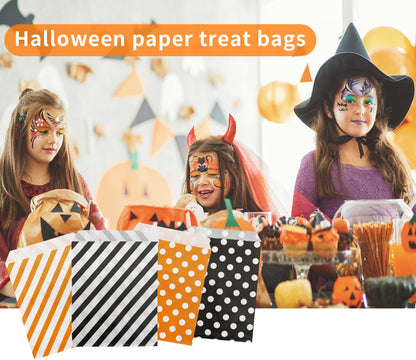 Jexila 100-Pack Halloween Treat Bags - Orange & Black Polka Dot Striped Pattern Paper Goodie Bags for Kids Trick or Treat Party Favors