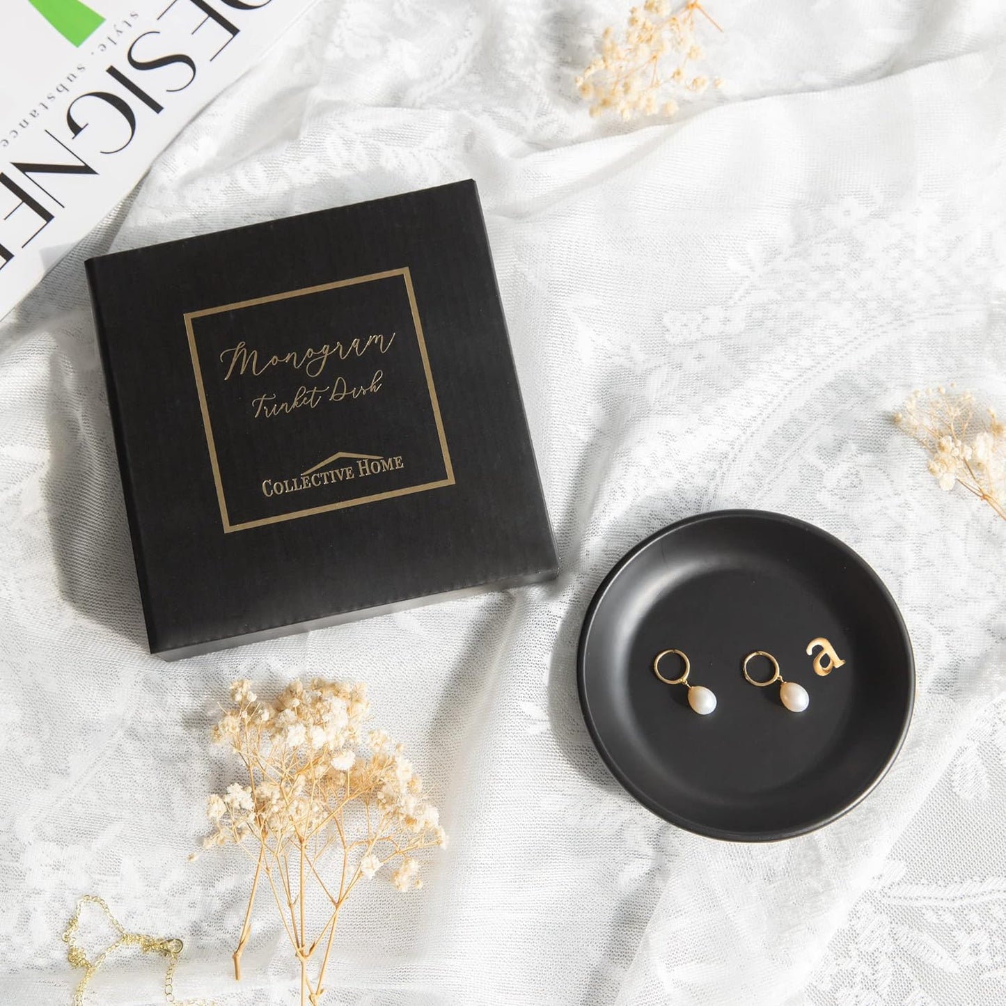 COLLECTIVE HOME - Ceramic Jewelry Tray, Decorative Trinket Dish for Rings Earrings Necklaces Bracelet Watch Keys, Birthday Mother's Day Christmas Gift for Women, 4.75", Black Surface (a)
