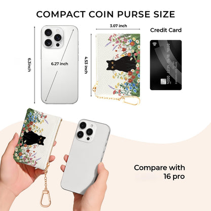 Sukyerios Black Cat Flower Floral Keychain Coin Purse for Women, Small PU Leather Change Pouch, Zipper Little Tiny Travel Wallet for Girls, Cute Kawaii Zip Pocket Coin Holder with Key Ring