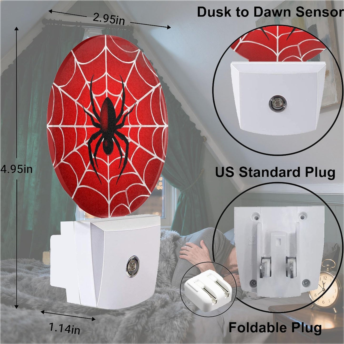 Mugod Red Spider Web Night Light Hero Theme Cartoon Nights Light Plug into Wall with Dusk-to-Dawn Sensor LED Nightlights 0.5W Sleep-Friendly for Teen Boys