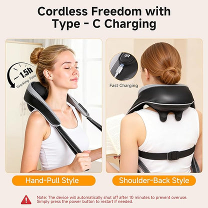 6D Neck Massager for Pain Relief Deep Tissue, Kneading Shiatsu Neck and Shoulder Massager with Heat,Cordless Massager for Back and Shoulder Pain, Gifts for Women Men Home Office Christmas