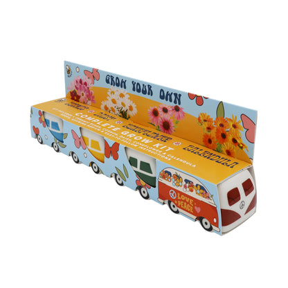 BUZZY Seeds Mini Ceramic Flower Bus Grow Kit, 4-Pack – Colorful Retro Bus Planters with Daisy, Cosmos, Calendula & Coneflower Seeds, All-in-One Seed Starter Gift Set
