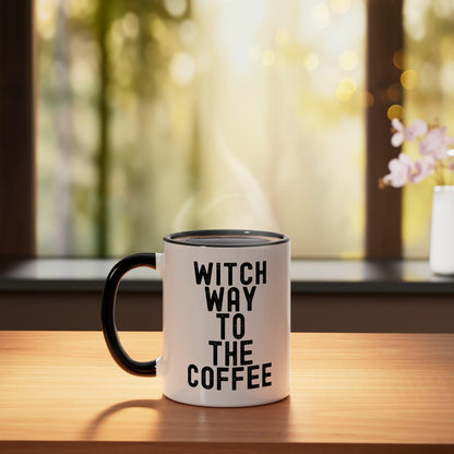 Witch Way To The Coffee Funny Halloween Costume Ceramic Mug, Black/White