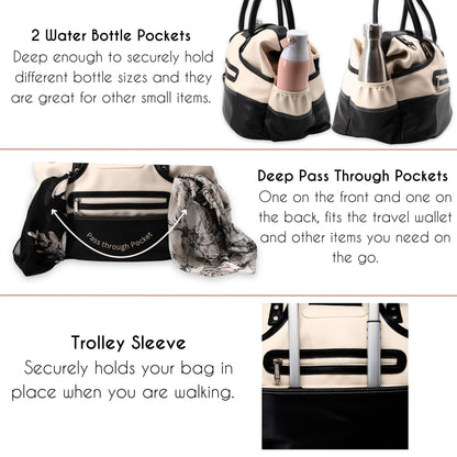 Borsali Weekender Bag for Women - Travel Carry On Duffel -Vegan Leather with Travel Wallet, Packing Cubes & Shoe Covers (Cream)