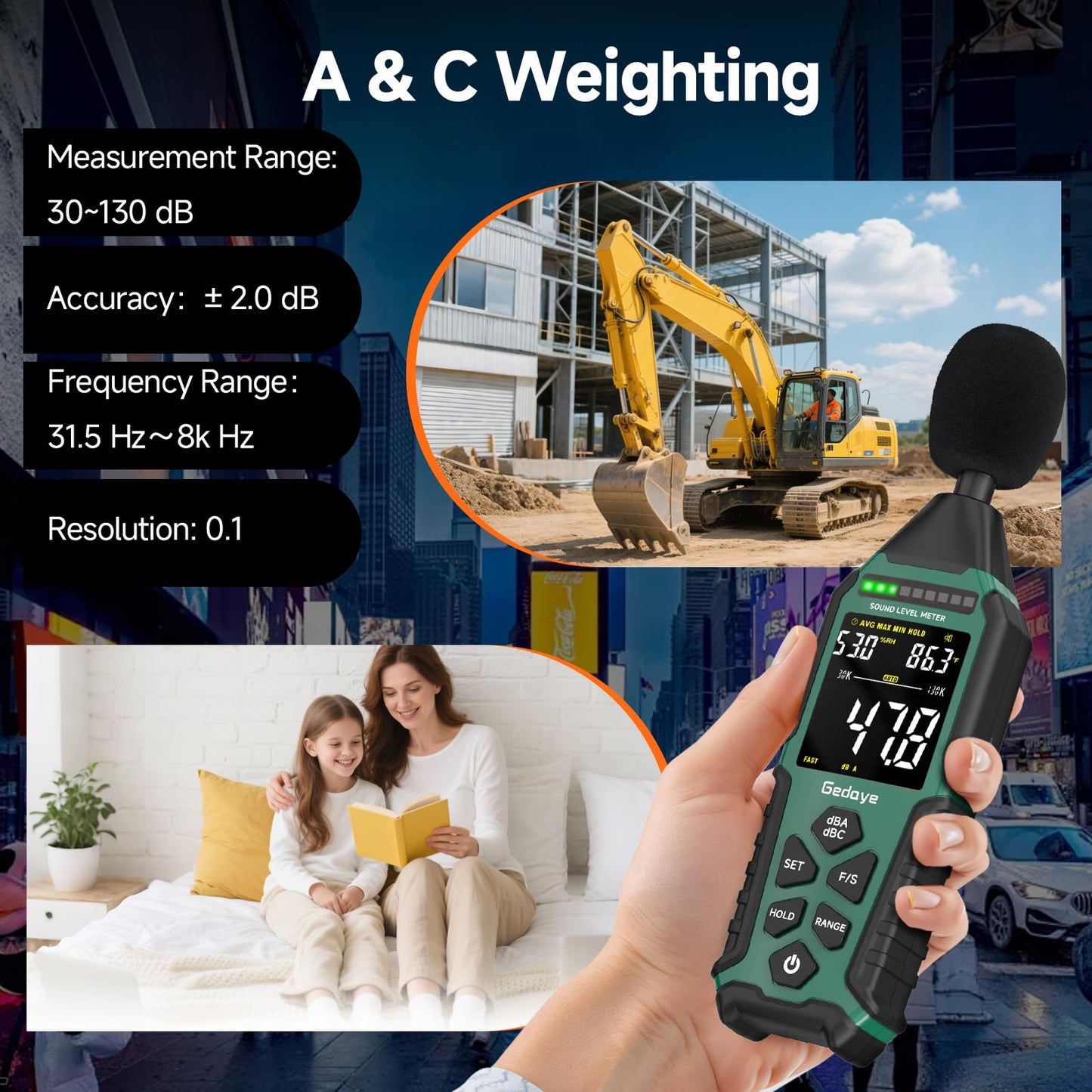 Power Supply Available Decibel Meter, Gedaye Sound Level Meter, A/C Weighted SPL Meter, Noise Measure Device 30-130dB, Noise Detector Sound Monitor Decibel Reader Classroom Factory Noisy Neighbor
