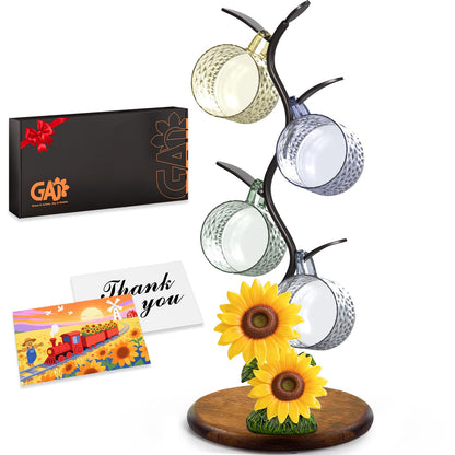 GAJ Sunflower Mug Tree Coffee Cup Holder, Countertop 3D Yellow Flower Coffee Bar Decor, Wooden Base Mug Stand Holds 4 Cups, Farmhouse Kitchen Organizer, Gifts for Women Mom Grandma
