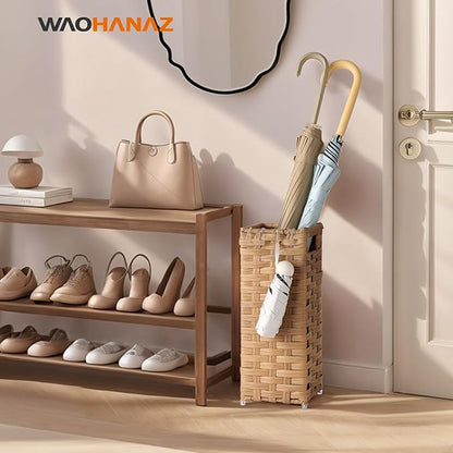 Rattan Umbrella Stand, Umbrella Holder for Entryway, Hand Woven Umbrella Rack Organizer Freestanding, with a Detachable Drip Tray, 4 Hooks, 6.5" L x 6.5" W x 16.5" H, Natural
