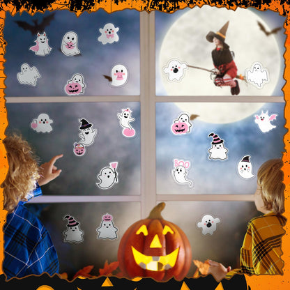 AmazingSpark 60 Pcs 3 Sheet Pink Halloween Thick Gel Window Clings Cute Ghost Pumpkin Boo Witch Gel Decal Stickers for Halloween Party Home Window Door Decor