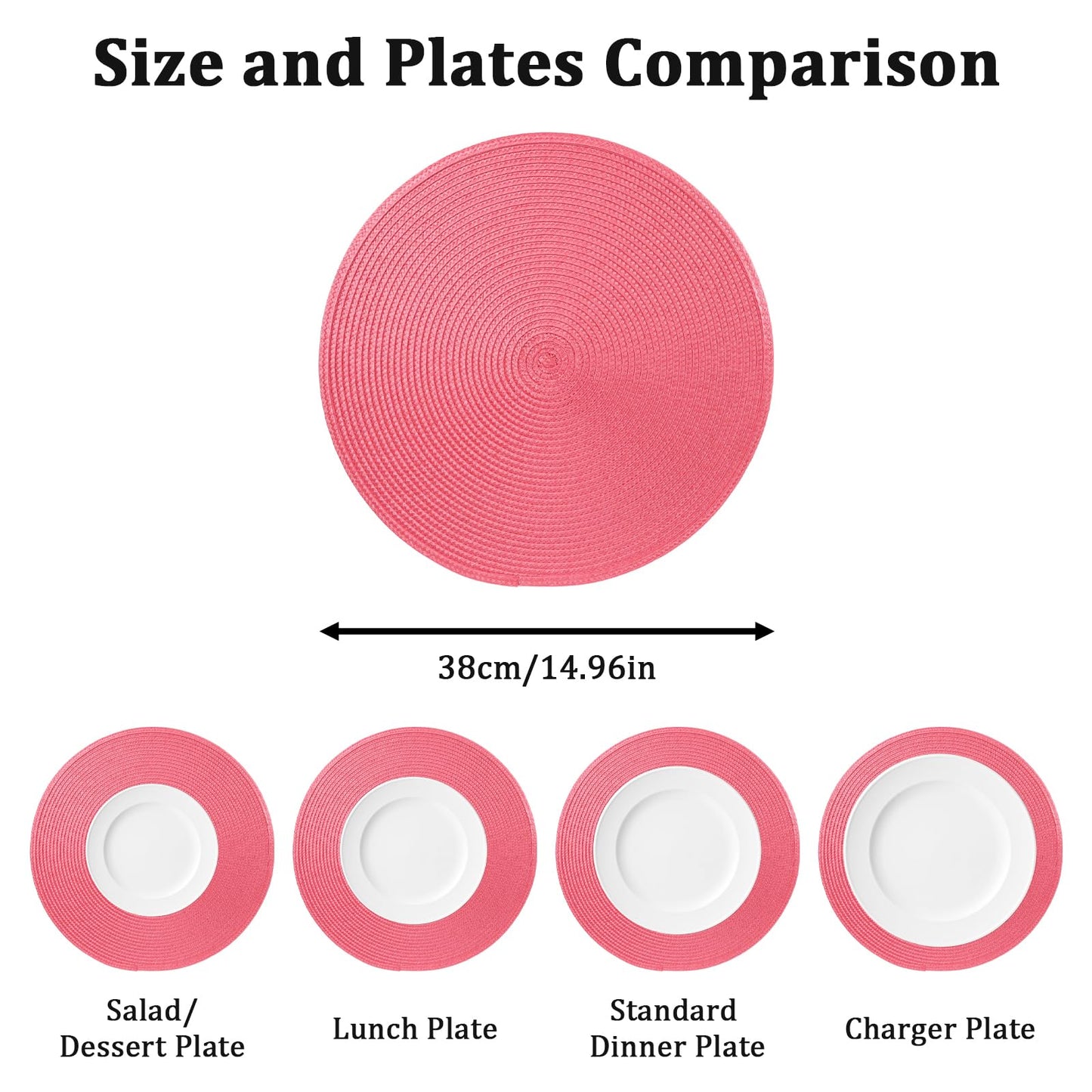 15 Inch Round Woven Placemats Set of 6, Natural Heat Resistant Washable Non-Slip Table Mats in Pink