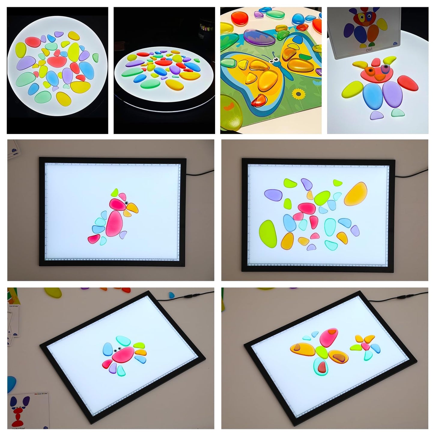 Odoorgames 36 Pcs Translucent Pebbles, Rainbow Stones,Light Table Manipulatives Preschool,Light Table Accessories, Includes 24 Activity Cards