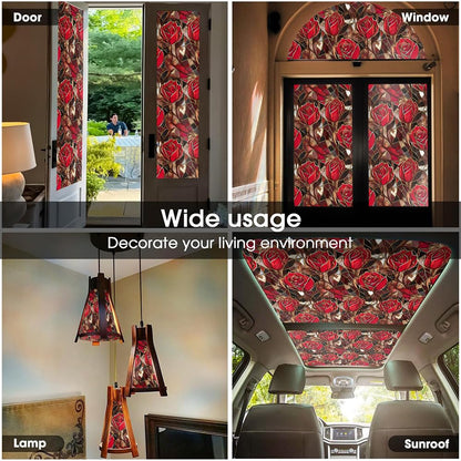 Modern Gold Red Rose Flowers Stained Glass Window Films Decorative Double-Side Privacy Film Self-Adhesive Static Clings for Living Room Bathroom Glass Windows Decor
