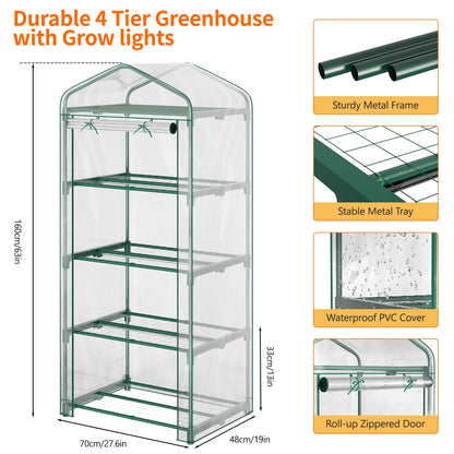 Indoor Greenhouse with Grow Light, 4-Tier Mini Greenhouse 27.6"x19"x63" Small Greenhouse with Zippered PVC Cover for Seed Starting Trays, Dimmable Plant Light for Indoor Plants with Timer