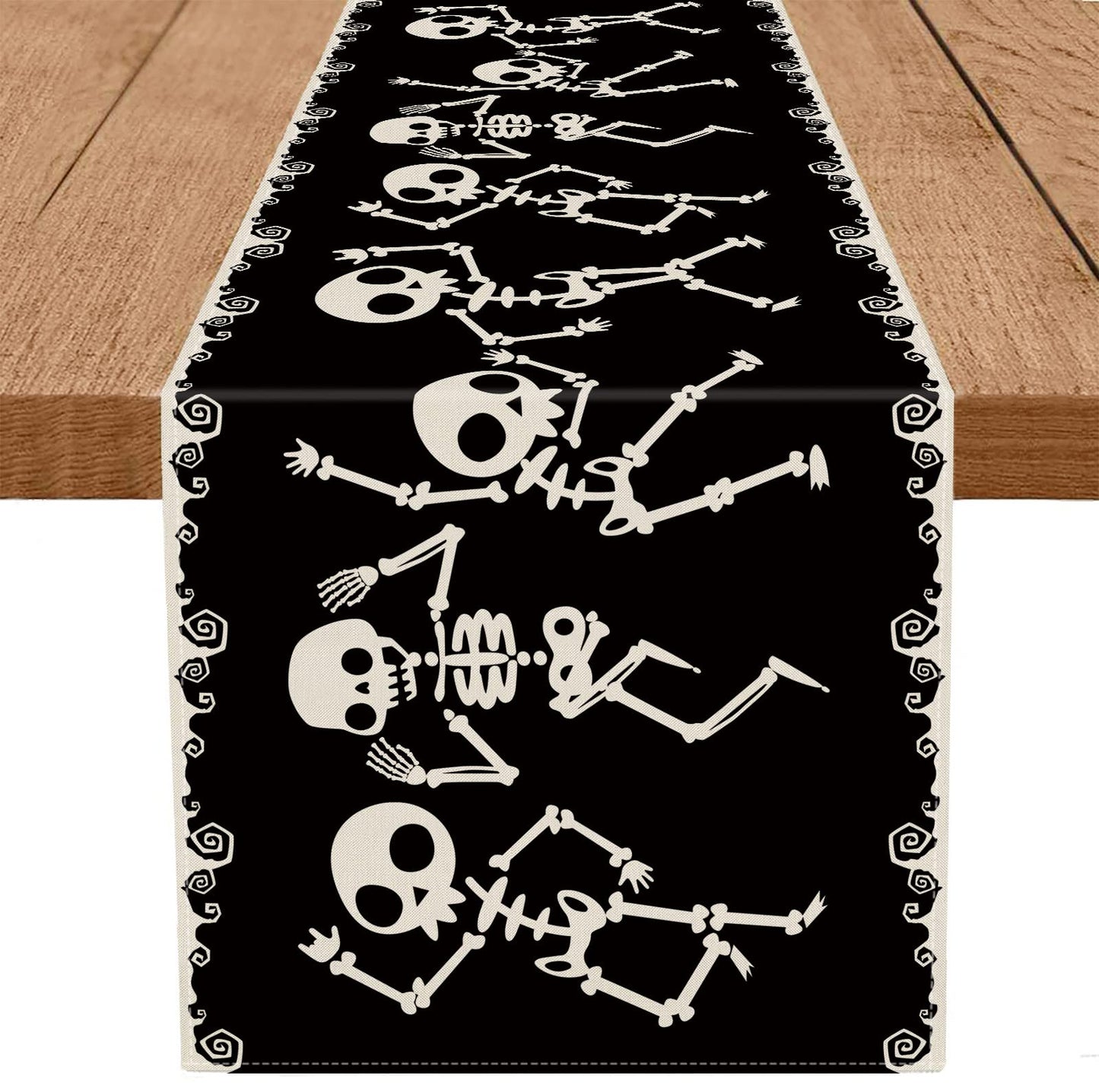 Halloween Table Runner Skeleton Dancing Funny Black Linen Seasonal Kitchen Dining Table Home Outdoor Party Decorations (13'' x 90'')