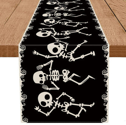 Halloween Table Runner Skeleton Dancing Funny Black Linen Seasonal Kitchen Dining Table Home Outdoor Party Decorations (13'' x 90'')