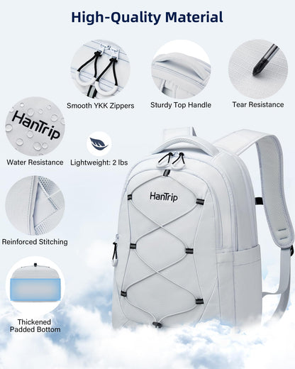 HanTrip Travel Laptop Backpack for Women Men, Large Work Backpack for Commuter College School Book Bags, Reflective Water Resistant Backpack with Luggage Strap Bottle Pocket Chest Strap, Glacier White