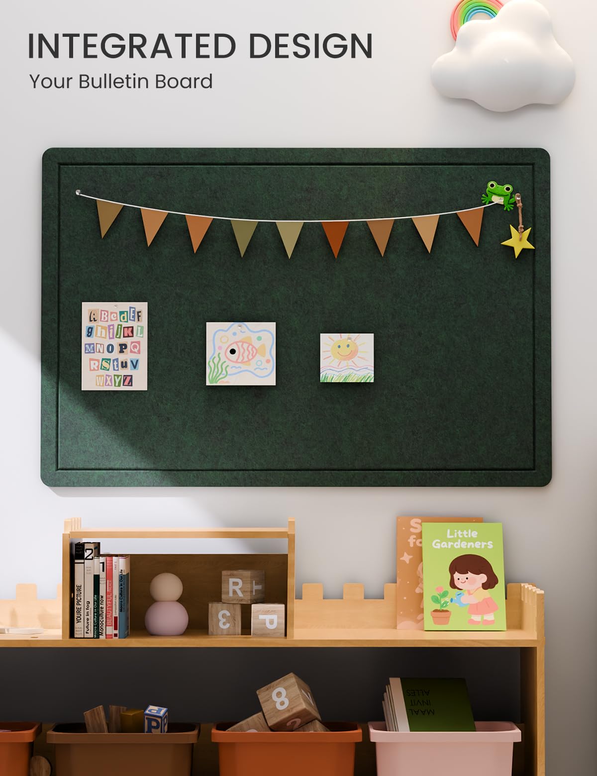 Fluxynara Bulletin Board,35.4" x 23.6" Cork Board Alternative with 12 Safe Removable Adhesive Tabs, Foldable Felt Pin Board for Home Office, Classroom, Bedroom,Entryway for Walls—Pine Green