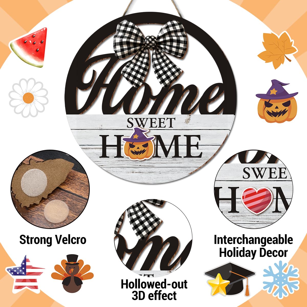 Interchangeable Seasonal Home Sweet Home Hanging Sign - Farmhouse Front Door Decoration for Spring All Seasons Holidays - Rustic Round Wood Wreaths with 12 Icons(White)