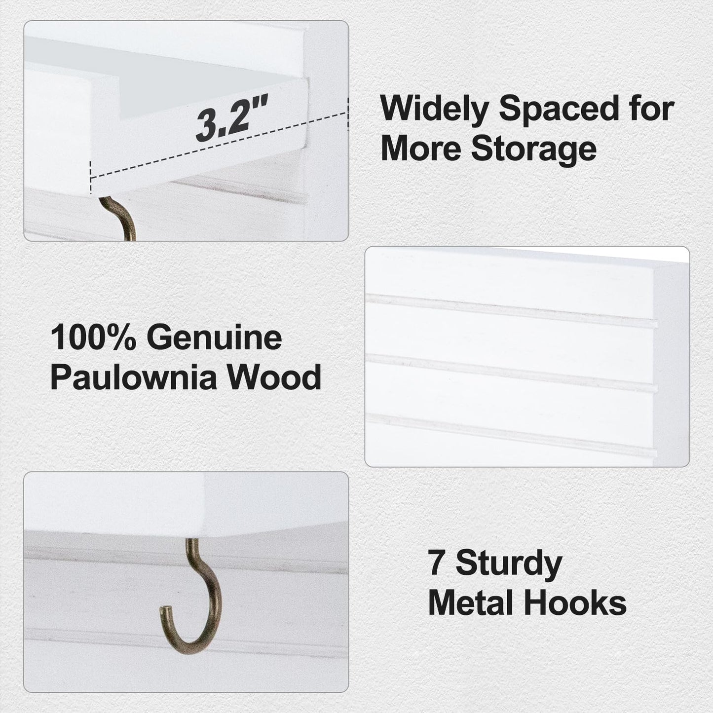 Lwenki Decorative Key Holder for Wall with Shelf, Entryway Shelf with Hooks Holds Leashes, Jackets and Glasses – Sturdy Wood Keyholder Entrance Hanger with Mounting Hardware (White, Large)