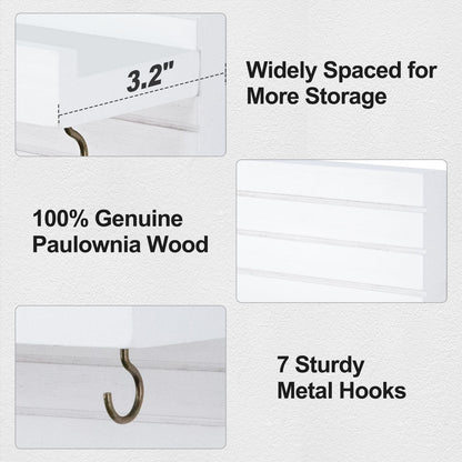 Lwenki Decorative Key Holder for Wall with Shelf, Entryway Shelf with Hooks Holds Leashes, Jackets and Glasses – Sturdy Wood Keyholder Entrance Hanger with Mounting Hardware (White, Large)