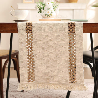 Niviy Boho Table Runner 108 Inches Long Summer Farmhouse Macrame Table Runner Cotton Linen Woven Table Runners for Fall Dining Table Home Decor, Beige & Brown