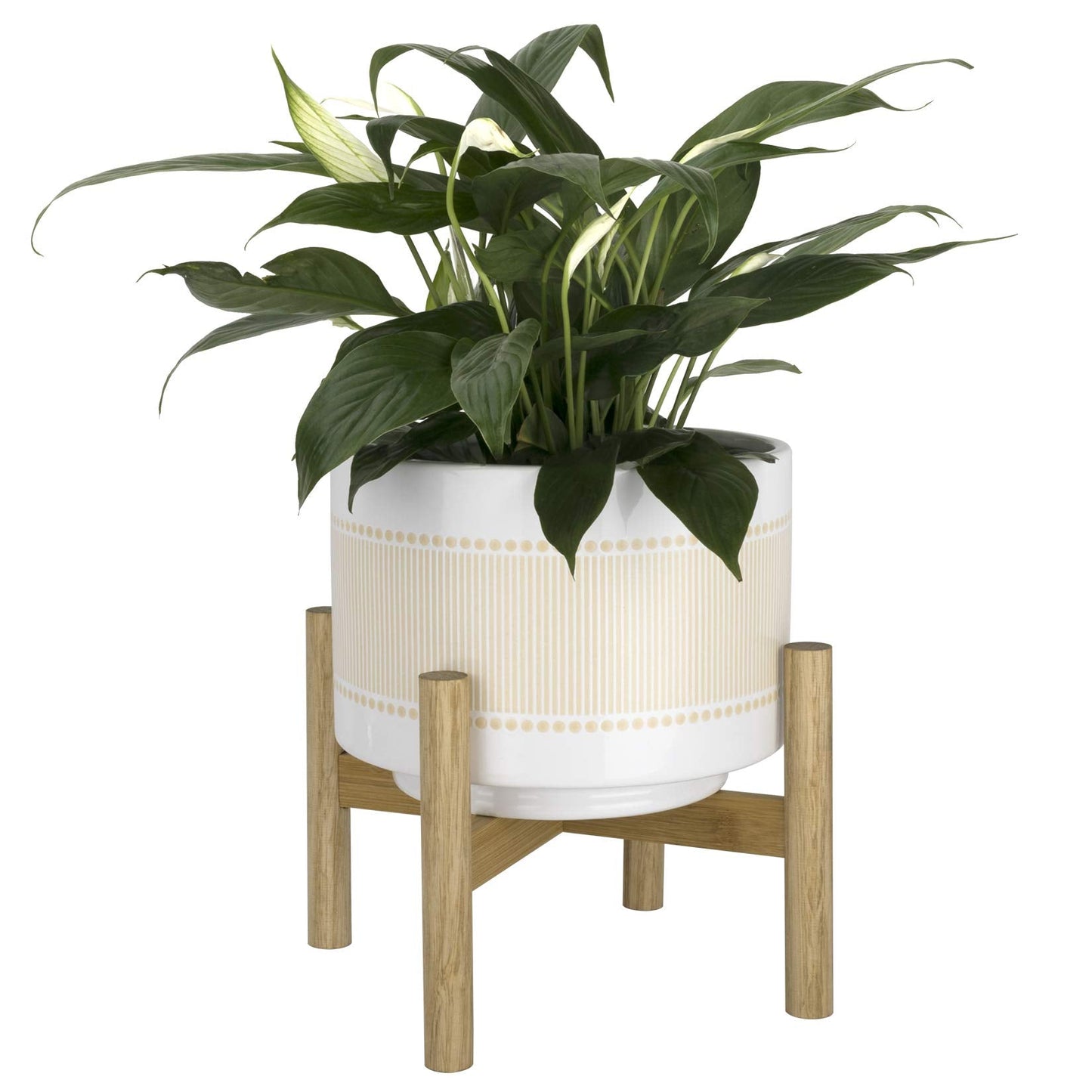 LA Jolie Muse Ceramic Planter with Wood Stand - 8 Inch Boho Dot-Line Pattern Cylinder Flower Plant Pot for Indoor, Yellow Beige & Bright White