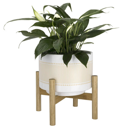 LA Jolie Muse Ceramic Planter with Wood Stand - 8 Inch Boho Dot-Line Pattern Cylinder Flower Plant Pot for Indoor, Yellow Beige & Bright White