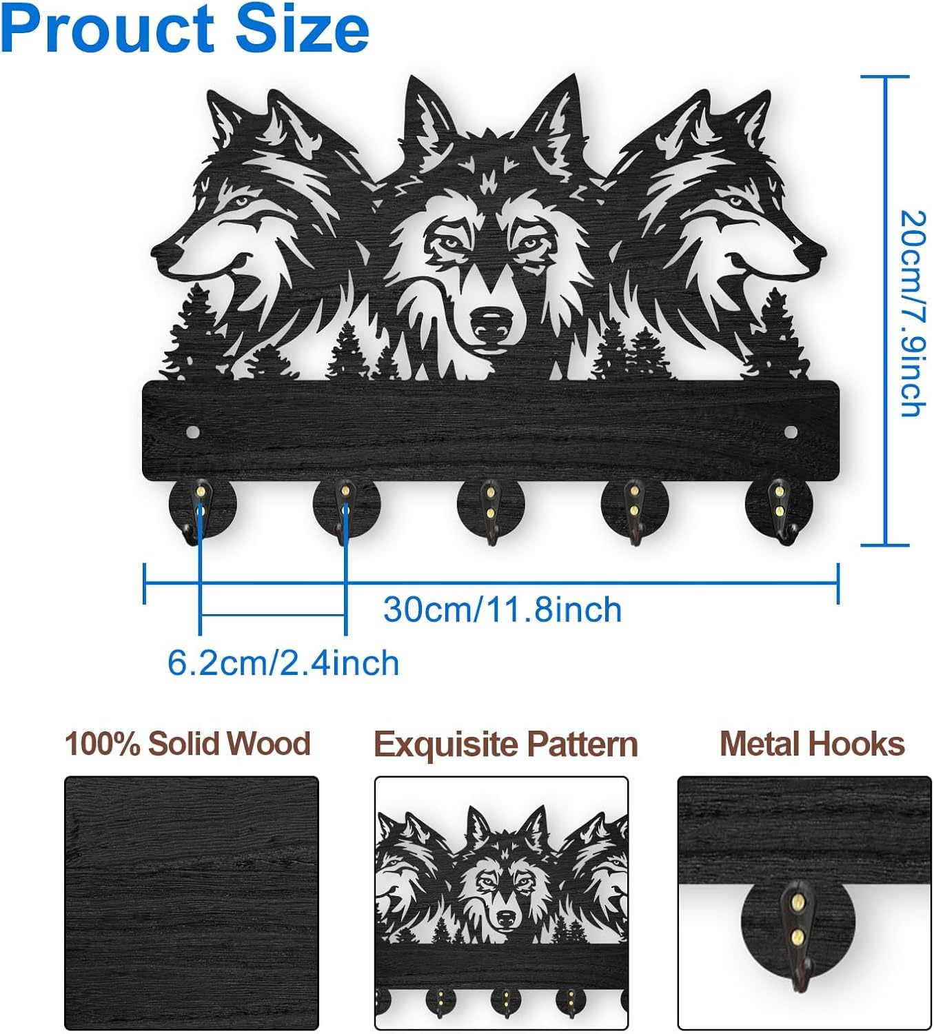 AIENAI Wolf Design Wall Mount Key Holder, 5 Metal Hooks, Solid Wood Coat Rack, 11.8x7.9 inches, Black