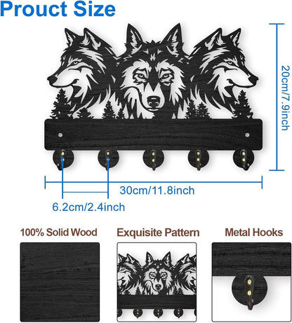 AIENAI Wolf Design Wall Mount Key Holder, 5 Metal Hooks, Solid Wood Coat Rack, 11.8x7.9 inches, Black