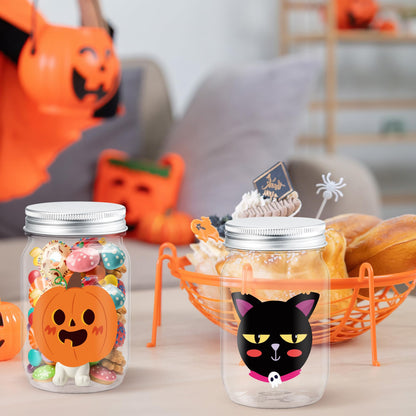 JAPBOR Halloween Candy Jars Containers - 14PCS Halloween Small Plastic Cookie Candy Jar with Lid Pumpkin Ghost Sticker Decoration, DIY Sugar Storage Dish Craft, Party Favor Gift Bottle Decor