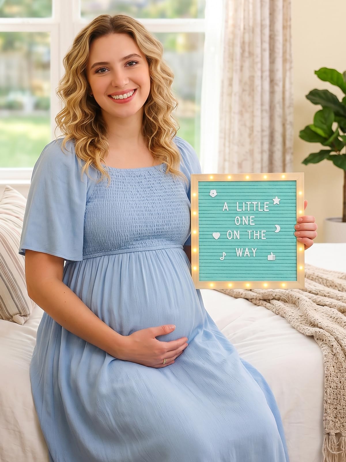 Changeable Felt Letter Board with LED Lights - 10×10" Message Custom Signs & Wood Stand & 450 Letters, Poster Board for Baby/Pregnancy Announcement/Classroom Wall Decor Gifts First Day of School, Blue