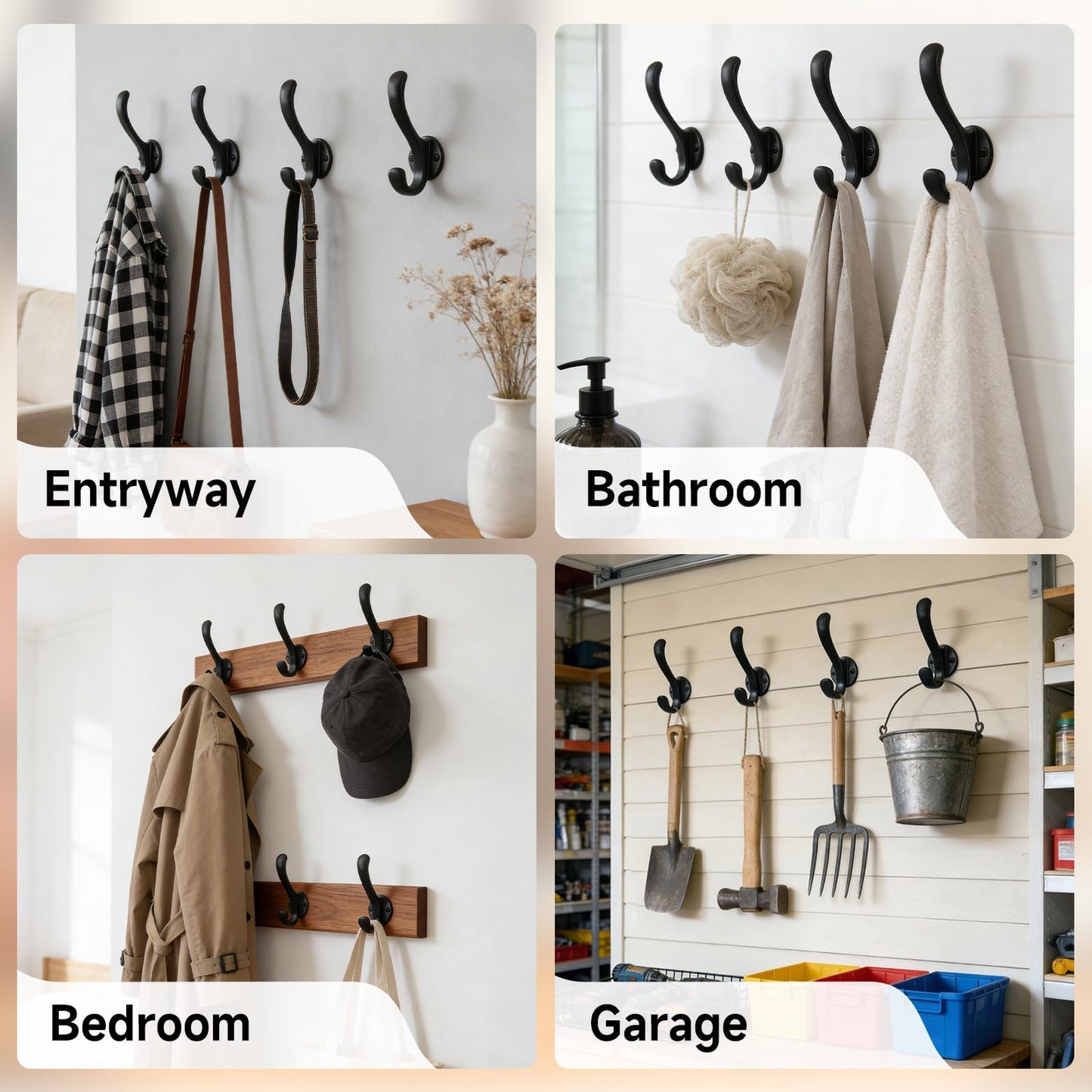 Sprinello 6 Pack Coat Hooks Wall Mount, Heavy Duty Wall Hooks for Hanging Coats, Towel, Hat and Robe, Black Metal Wall Hooks for Bathroom, Entryway, Bedroom