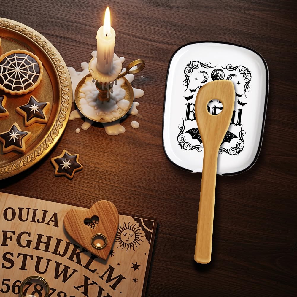 ANATTASOUL Ceramic Spoon Rest for Stove Top Divination Bat and Moon Phases Pattern 4.52"x5.9" Large Spoon Holder, Heat Resistant Utensil Holder Kitchen Counter Decor for Cooking Lover