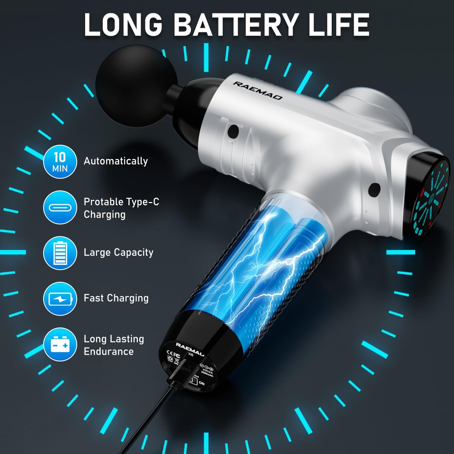 RAEMAO Massage Gun, Handheld Electric Deep Tissue Muscle Massager for Athletes for Pain Relief Attaching 8 Replacement Heads, Percussion Massager with 10 Speeds, Father's Day Gifts, Carbon