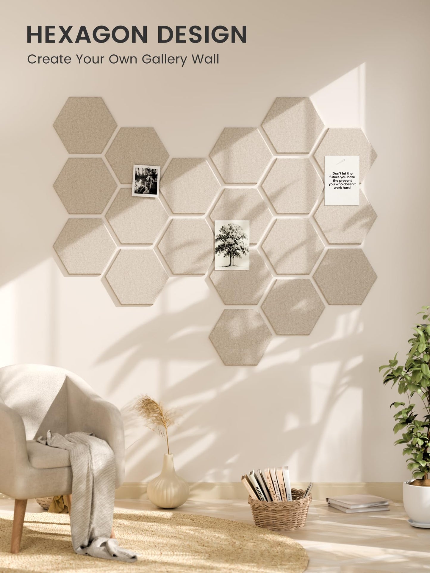 Fluxynara Hexagon Cork Board Alternative for Walls Decor-12-Pack Felt Bulletin Board Tiles,with 30 Pushpins,70 Adhesive Tabs for Office,Classrooms & Home Pin Board Felt Board-Oatmeal