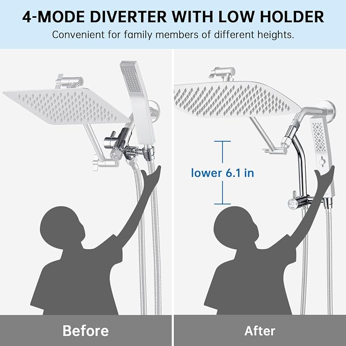 G-Promise All Metal 14 Inch Rain Shower Head with Massage Mode Handheld Spray Combo, 3-Way Diverter with Pause Setting, Full Body Coverage, Modern Bathroom Upgrade (Chrome)