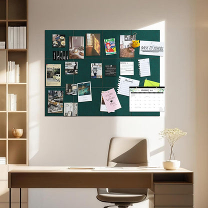 TSJOFFICE Large Cork Board for Wall - 48" x 36" Bulletin Board with 50 Pushpins for Office Decor, Pin Board 12 Pack Felt Wall Tiles with Safe Removable Adhesive Tabs, Corkboard for Home - Dark Green