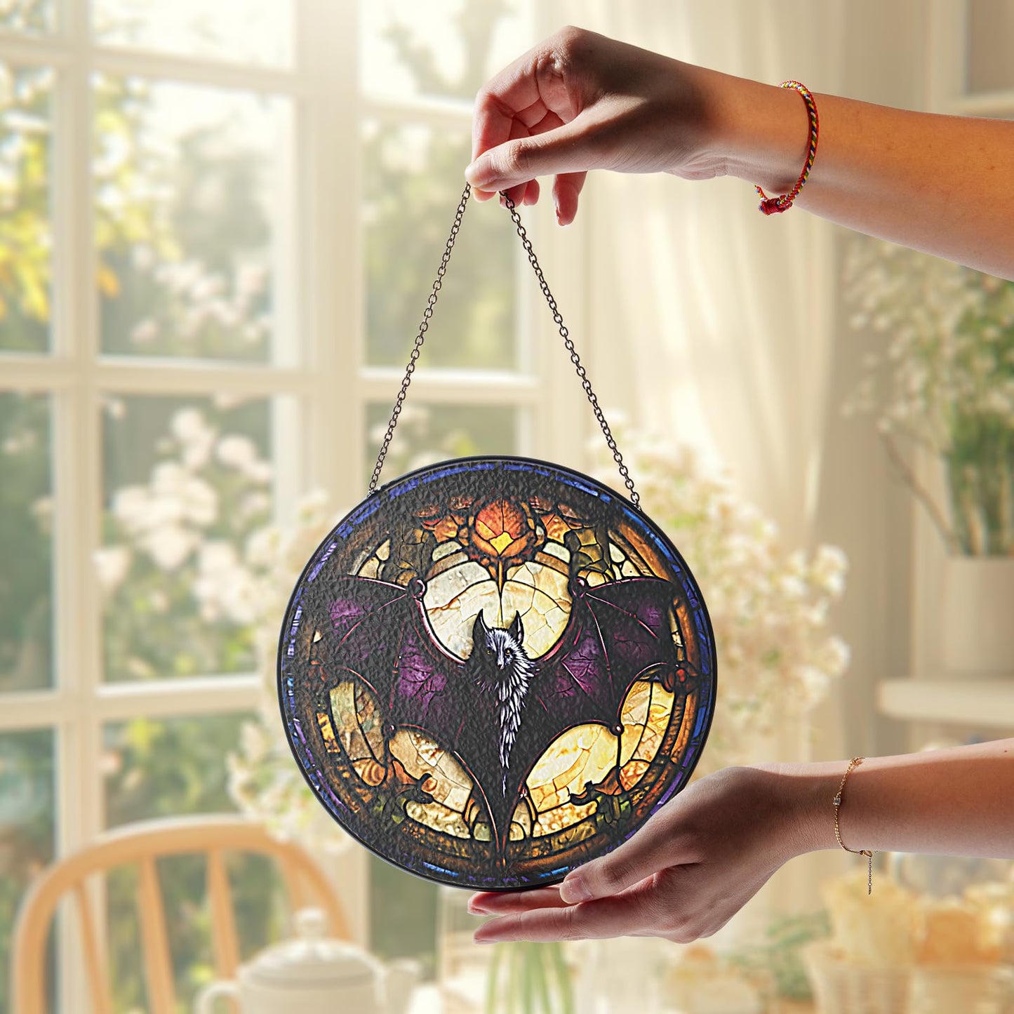 6" Bat Stained Glass Suncatchers Art Glass Spooky Bat for Sun Catcher Indoor Window for Pet Animal Lovers Women Grandma Mom Friend Painted Panel Décor ANI-01A-SG6