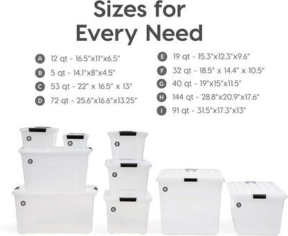 IRIS USA 54 Qt Stackable Plastic Storage Bins with Lids, 6 Pack - BPA-Free, Made in USA - See-Through Organizing Solution, Latches, Durable Nestable Containers, Secure Pull Handle - Clear